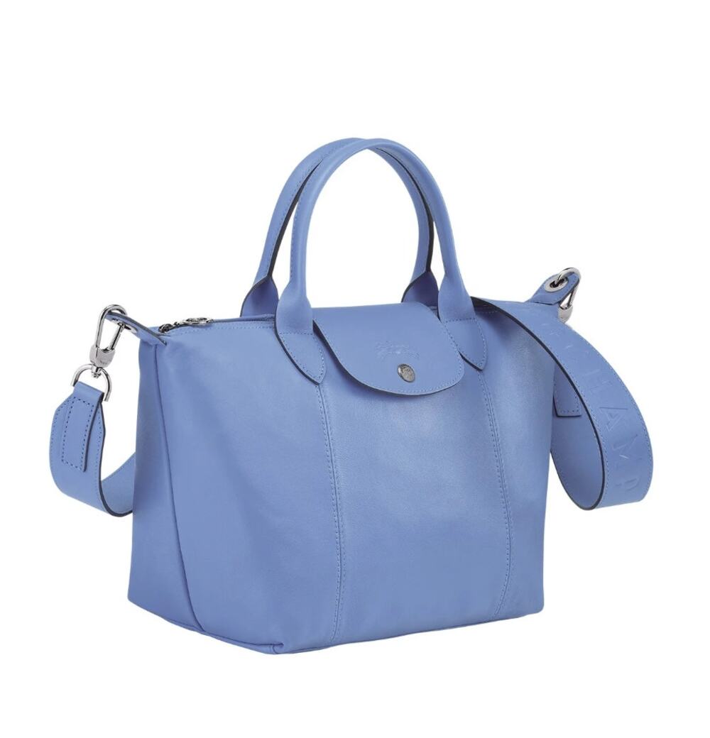 LONGCHAMP 'le Pliage Cuir' Leather Top Handle / Strap Travel Tote Bag Blue NEW